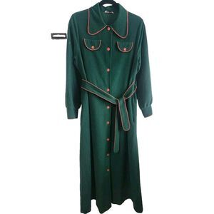 70's Green Long Sleeve Velvet Button Up Day Dress with Red Thread and Buttons M?